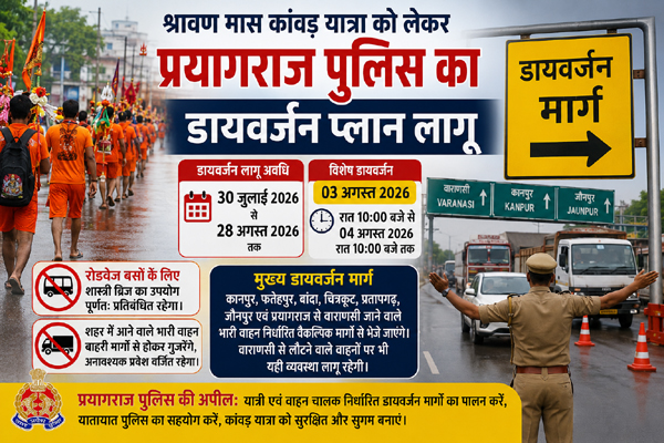 श्रावण मास कांवड़ यात्रा को लेकर प्रयागराज पुलिस का बड़ा डायवर्जन प्लान लागू